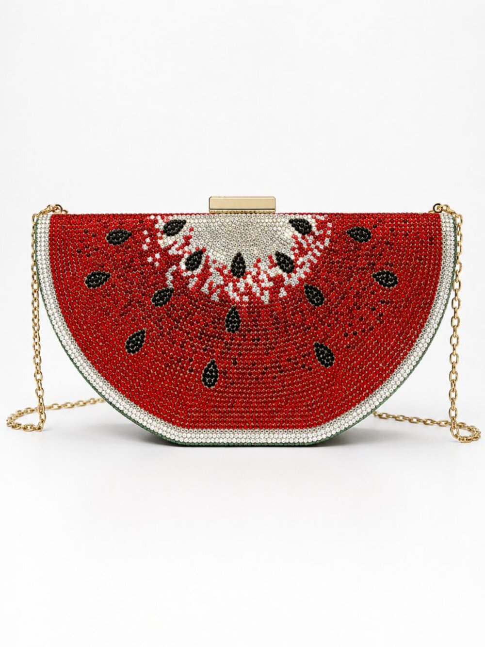 Cute Watermelon Rhinestone Crystal Clutch Purse Gold Chain Red Green Evening Bag